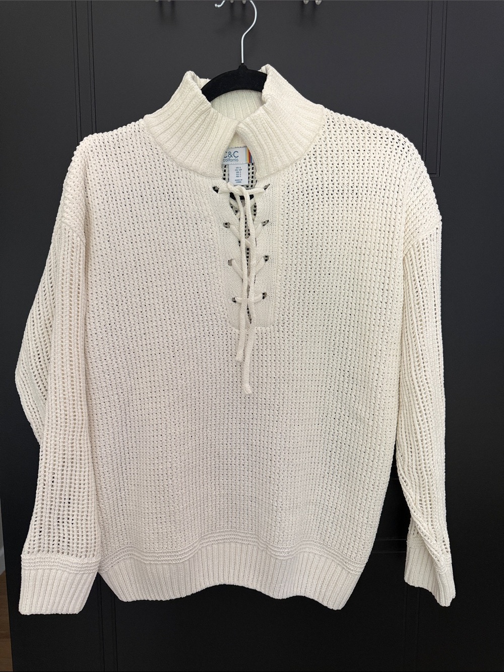 C&C California Cream Lace-Up Open Knit Turtleneck Sweater